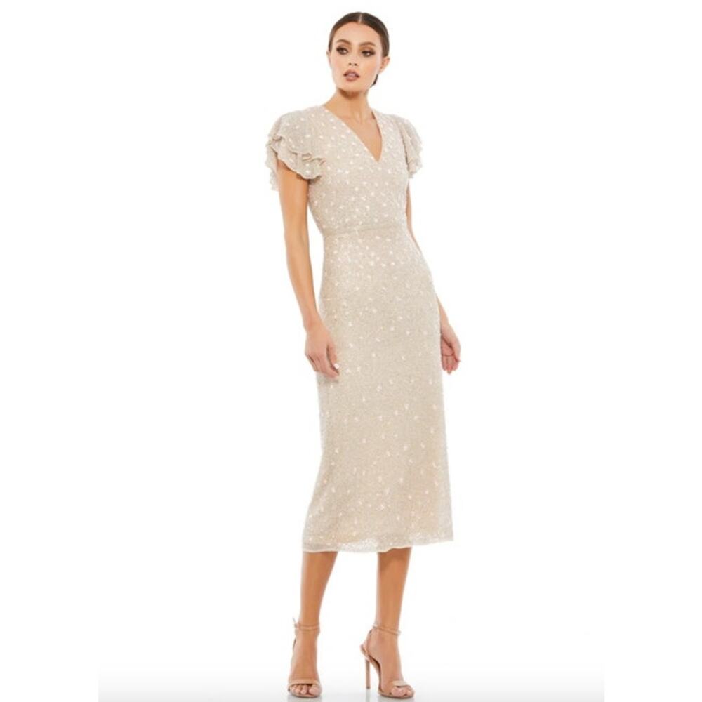 MAC DUGGAL Dress Size 4 Evening Gown Sequin NEW Beige Pink Midi